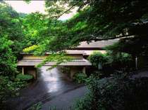 海石榴の兜門。春から夏はたくさんの緑、冬にはたくさんの椿の花が迎えてくれます。